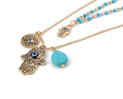 Turquoise Necklace Eye Necklace Fatima Palm Rice Bead Multilayer Necklace