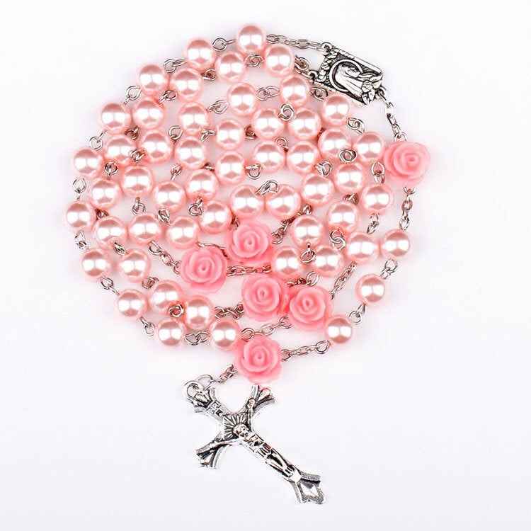 Collier Long Croix Jésus avec Perles - Bijou Religieux