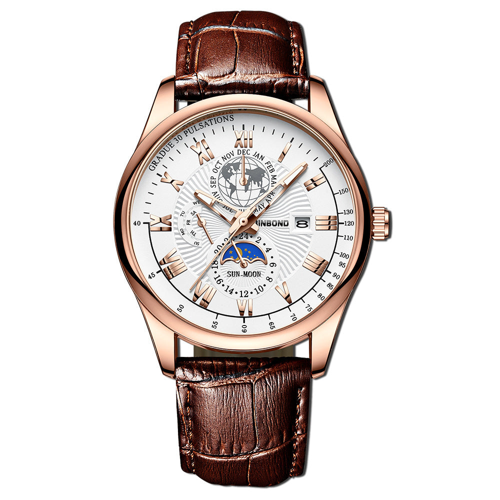 Montre Homme Quartz Lumineux Phase de Lune – Waterproof Bracelet Cuir