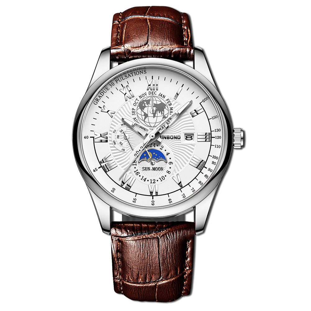 Montre Homme Quartz Lumineux Phase de Lune – Waterproof Bracelet Cuir