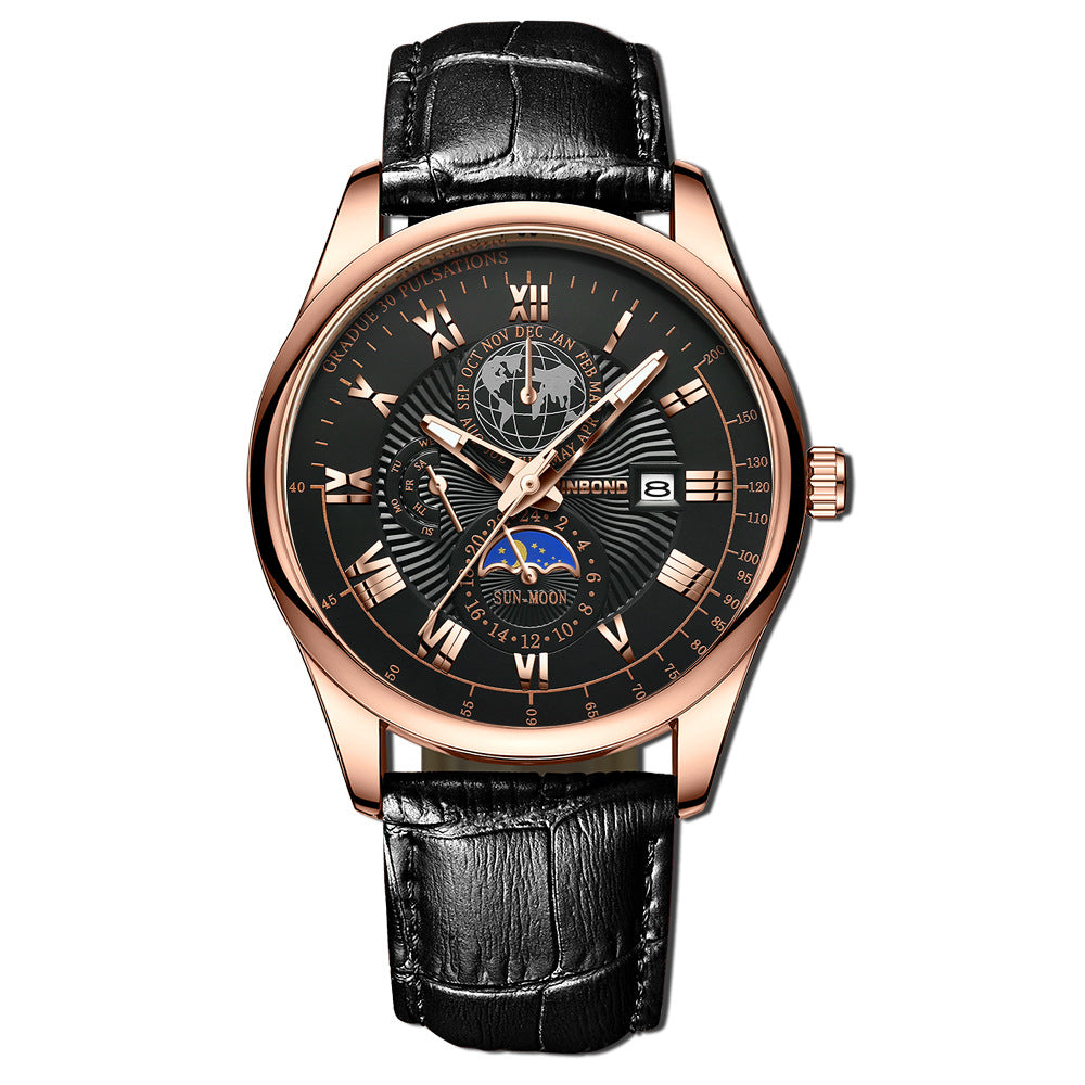 Montre Homme Quartz Lumineux Phase de Lune – Waterproof Bracelet Cuir